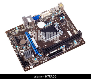 Computer motherboard isolated on white background without CPU cooler Stock Photo