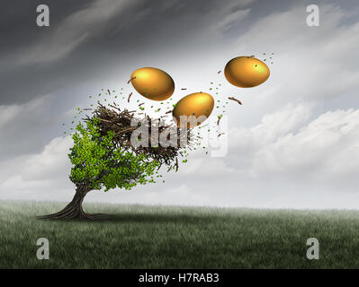 Retirement fund crisis concept as a tree in peril with a nest and gold eggs falling out during a destructive thunder storm as a Stock Photo