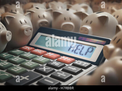 Solar calculator amid several piggy banks showing on the digital display the word 'HELP'. 3D illustration with several concepts: Stock Photo