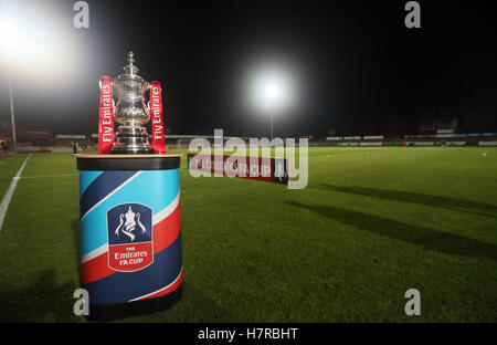 The Emirates FA Cup trophy on display before the Emirates FA Cup, First Round match at the Merseyrail Community Stadium, Southport. Stock Photo