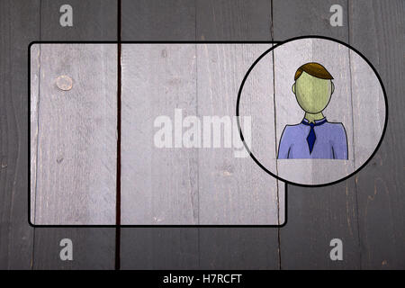 Name badge with avatar on dark wooden background Stock Photo