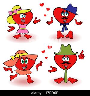 Amusing loving red hearts two pairs, Valentine cartoon vector illustrations isolated over white background Stock Vector