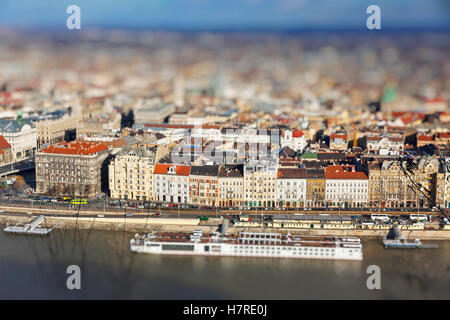 Aerial view of Danube river and Budapest city, Hungary. Tilt-shift Miniature Effect Stock Photo