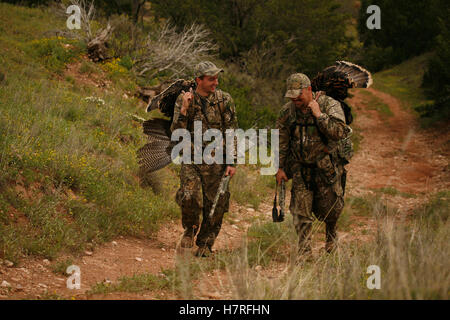 Two Turkey Hunters Walking And Carrying Dead Turkeys Stock Photo - Alamy