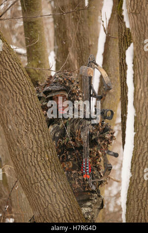 Male Bowhunter Draws Bow In Snow While Deer Hunting Stock Photo