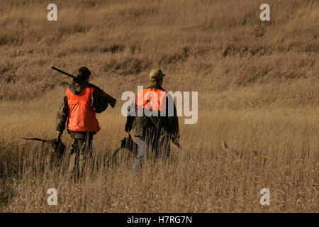 Upland Pheasant Bird Hunters On Prairie With Yellow Lab Stock Photo