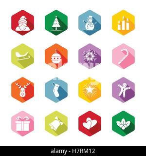 Christmas and new year icon set vector illustration - white on colorful hexagon with long shadow Stock Vector