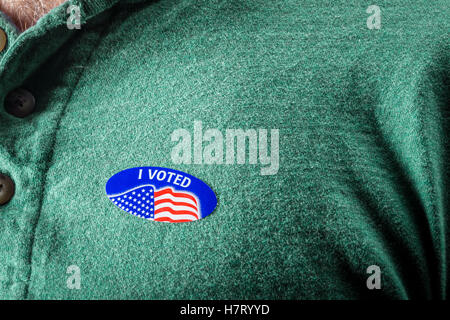 Detail of I Voted sticker on man's chest Stock Photo