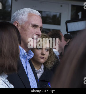 Indianapolis, Indiana, USA. 8th Nov, 2016. Indiana Gov. Mike Pence, the Republican vice presidential nominee, and his family members cast their vote at St. Thomas Aquinas church across the street from the governor's mansion in Indianapolis, Indiana. Credit:  Lora Olive/ZUMA Wire/Alamy Live News Stock Photo