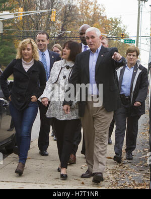 Indianapolis, Indiana, USA. 8th Nov, 2016. Indiana Gov. Mike Pence, the Republican vice presidential nominee, and his family members cast their vote at St. Thomas Aquinas church across the street from the governor's mansion in Indianapolis, Indiana. Credit:  Lora Olive/ZUMA Wire/Alamy Live News Stock Photo