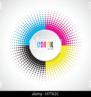 Abstract cmyk halftone background with 3d button Stock Vector