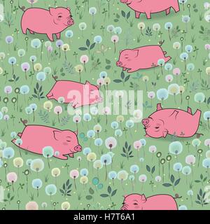 Happy Pigs on the blossoming field. Vector Seamless Pattern Stock Vector