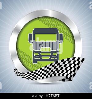 Truck badge with tire tracks and race flag ribbon Stock Vector