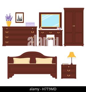 Set of Furniture for bedroom. Cute sleeping room. For advertising, real estate image, furniture shop. Bed, picture, chest of dra Stock Vector