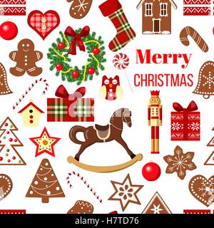 Christmas seamless pattern vector. Funny objects. Postcard background. Cute figures. Xmas tree, snowflakes, cane, heart, star, b Stock Vector