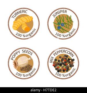 Set of spices labels. 100 organic. collection Stock Vector