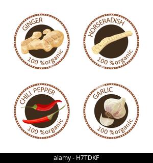 Set of spices labels. 100 organic. collection Stock Vector