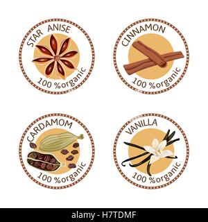 Set of spices labels. 100 organic. collection Stock Vector