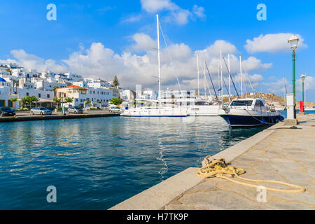 Sailing boats anchoring in Naoussa port on Paros island, Greece Stock Photo