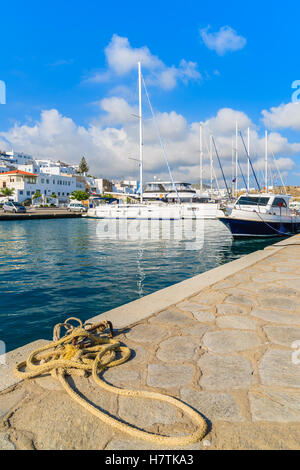 Sailing boats anchoring in Naoussa port on Paros island, Greece Stock Photo