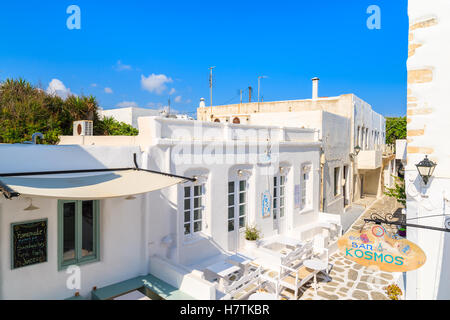 NAOUSSA TOWN, PAROS ISLAND - MAY 18, 2016: taverna and drink bar on street of Naoussa town, Paros island, Cyclades, Greece. Stock Photo