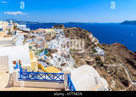 View of Oia village with colorful houses built on cliff edge, Santorini island, Greece Stock Photo