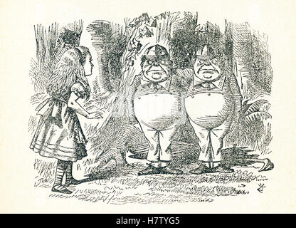 This is a scene from what Alice saw once she went through the Looking Glass and into the Looking Glass room in Lewis Carroll's 'Through the Looking Glass.' Here Alice meets Tweedledum and Tweedledee. 'Through the Looking-Glass and What Alice Found There' by Lewis Carroll (Charles Lutwidge Dodgson), who wrote this novel in 1871 as a sequel to 'Alice's Adventures in Wonderland.'