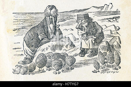 This is a scene from what Alice saw once she went through the Looking Glass and into the Looking Glass room in Lewis Carroll's 'Through the Looking Glass.' Here a carpenter, walrus, and oysters are the subjects of a poem Tweeddledee recites for Alice. 'Through the Looking-Glass and What Alice Found There' by Lewis Carroll (Charles Lutwidge Dodgson), who wrote this novel in 1871 as a sequel to 'Alice's Adventures in Wonderland.' Stock Photo