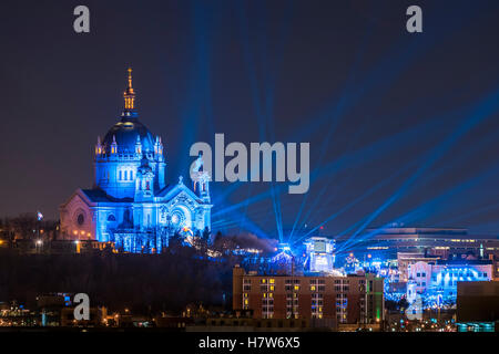 Cathedral of Saint Paul with Blue search lights during the Red Bull Crashed Ice event in Saint Paul, Minnesota. Stock Photo