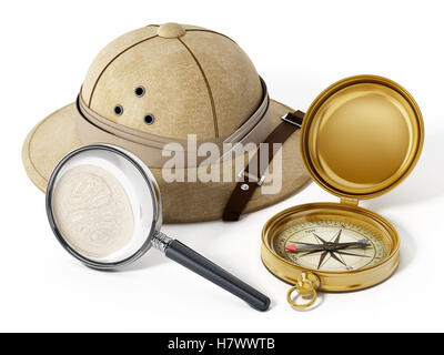 Explorer hat, magnifying glass and vintage compass isolated on white background. 3D illustration. Stock Photo