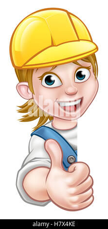 Cartoon female builder, mechanic, carpenter, electrician or plumber character in hard hat giving thumbs up Stock Photo
