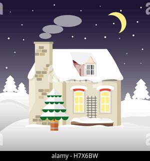 Christmas house on a background of winter night. Flat style. Little cottage. Merry  card. Stock Vector