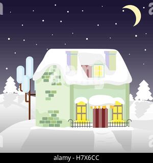 Christmas house on a background of winter night. Flat style. Little cottage. Merry  card. Stock Vector