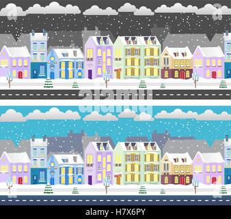 Winter flat design urban landscape illustration. Day and night city street. Stock Vector