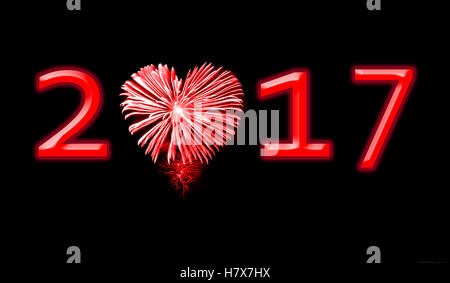 2017, red fireworks in the shape of a heart Stock Photo