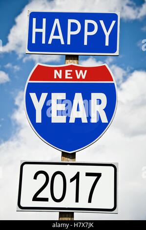 Hapy New Year 2017 written on american roadsign Stock Photo