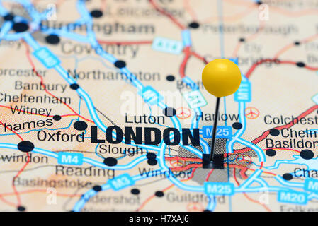 London pinned on a map of UK Stock Photo