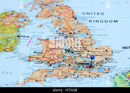 London pinned on a map of UK Stock Photo