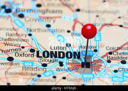 London pinned on a map of UK Stock Photo