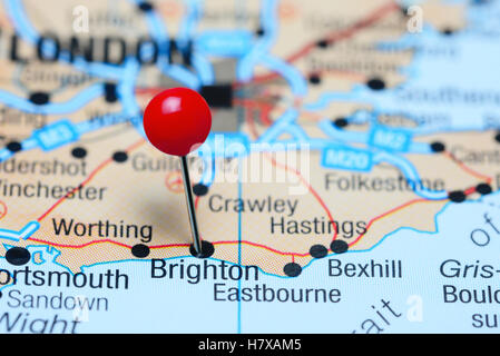 Brighton pinned on a map of UK Stock Photo