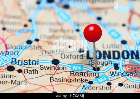 Reading pinned on a map of UK Stock Photo