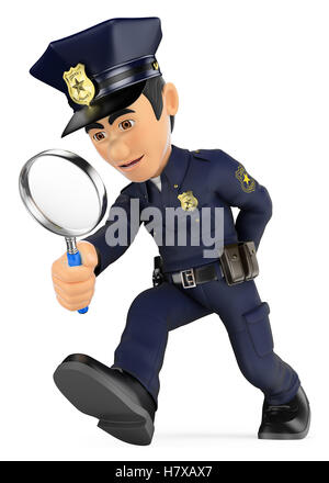 3d security forces people illustration. Policeman looking with a magnifying glass. Investigation. CSI. Isolated white background Stock Photo