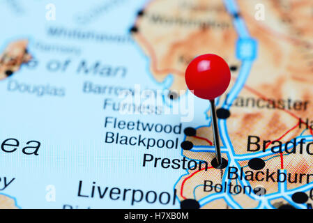 Preston pinned on a map of UK Stock Photo