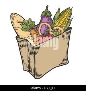 Paper package with fresh healthy produce. Organic products from the farm. Vegetables, bread, dairy products, corn, eggplant, tom Stock Vector