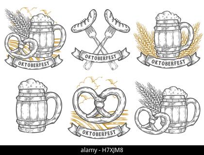 Wooden craft beer mug, wheat, sausage, pretzel. Oktoberfest labels set. Black vintage engraved hand drawn vector sketch illustra Stock Vector
