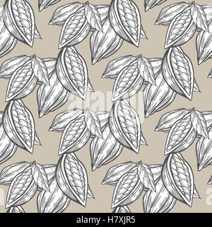 Cocoa, cacao beans hand drawn sketch seamless vector pattern. For templates, web, design, invitations, banners. Beige background Stock Vector