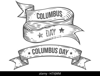 Happy columbus day vector hand drawn illustrations engraved style. Retro vintage nautical doodle ribbon. Sketch logo, emblem, ba Stock Vector