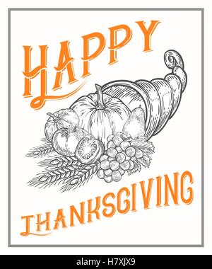 Thanksgiving autumn cornucopia festival poster, banner. Monochrome vintage engraving fresh organic vegetables, wheat and fruits  Stock Vector