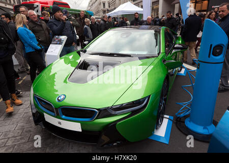 BMW i8, plug-in hybrid sports car, on display in the Low Emission Motoring Zone, of the 2016 Regents Street Motor Show Stock Photo