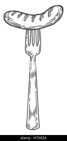 Vintage hand drawn fork with grilled sausage. Vector sketch illustration cutlery tool. Poster restaurant in retro vintage style  Stock Vector